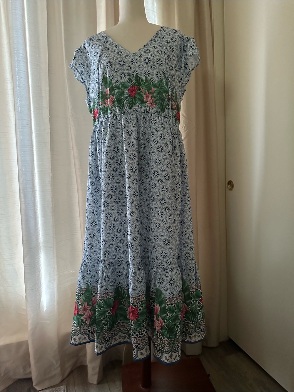 BloomChic Blue Floral Maxi Dress with Green & Pink Border